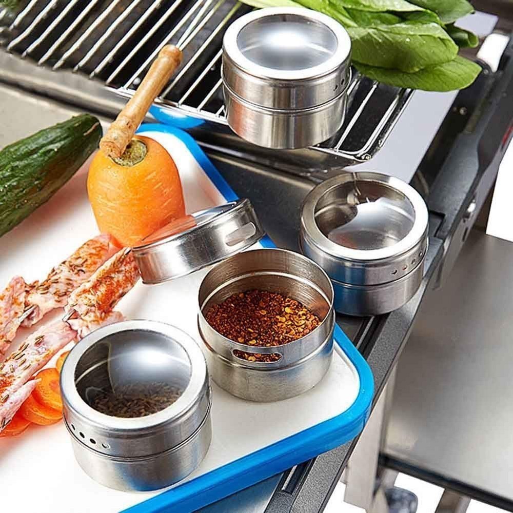 "Stainless Steel 9-Piece Magnetic Spice Jar Set with Lids – Space-Saving, Airtight, and Stylish Storage for Kitchen Essentials"