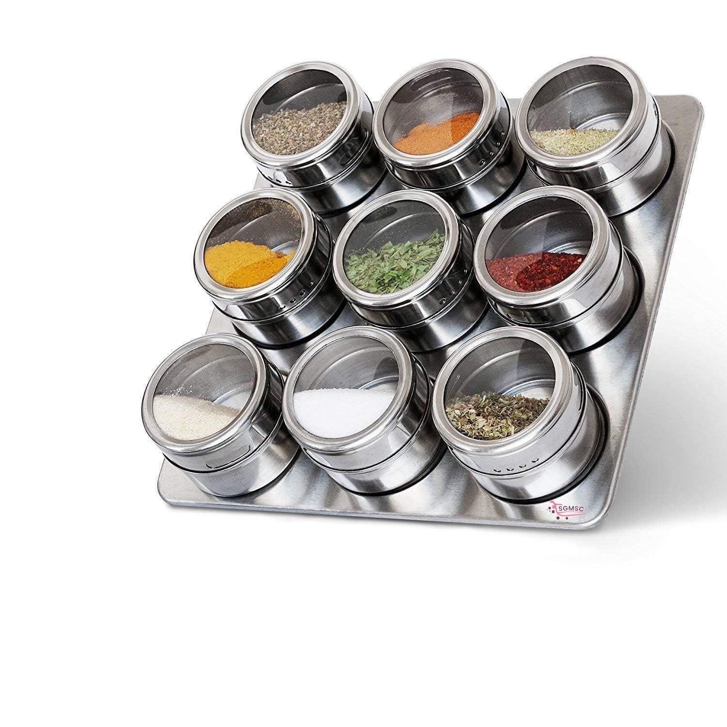 "Stainless Steel 9-Piece Magnetic Spice Jar Set with Lids – Space-Saving, Airtight, and Stylish Storage for Kitchen Essentials"